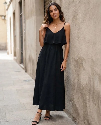 Vestido Largo Negro T-s M Algodón Tipo Solero C Volado Busto Negro Liso M