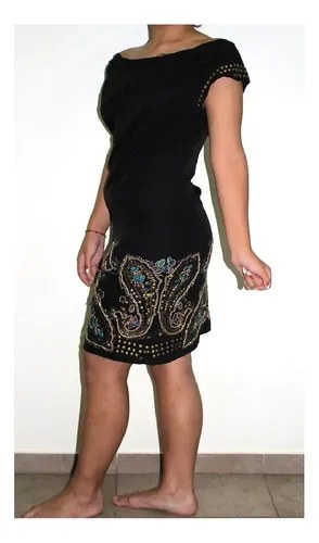 Vestido Negro Corto Fiesta Escote En Espalda Hermoso T -m Negro Apliques Bordado M - 3