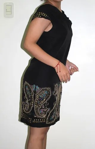 Vestido Negro Corto Fiesta Escote En Espalda Hermoso T -m Negro Apliques Bordado M - 4