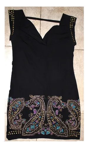 Vestido Negro Corto Fiesta Escote En Espalda Hermoso T -m Negro Apliques Bordado M - 5