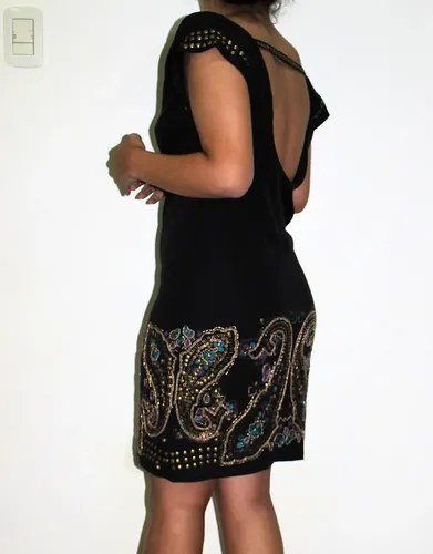Vestido Negro Corto Fiesta Escote En Espalda Hermoso T -m Negro Apliques Bordado M - 8