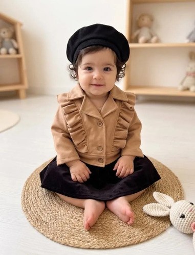 Conjunto 3 Pieza Chaqueta Pollera Y Boina Para Beba Camel / Negro 12-18 M - 2