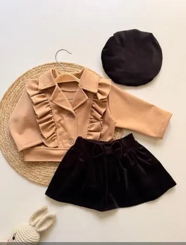 Conjunto 3 Pieza Chaqueta Pollera Y Boina Para Beba Camel / Negro 12-18 M - 3