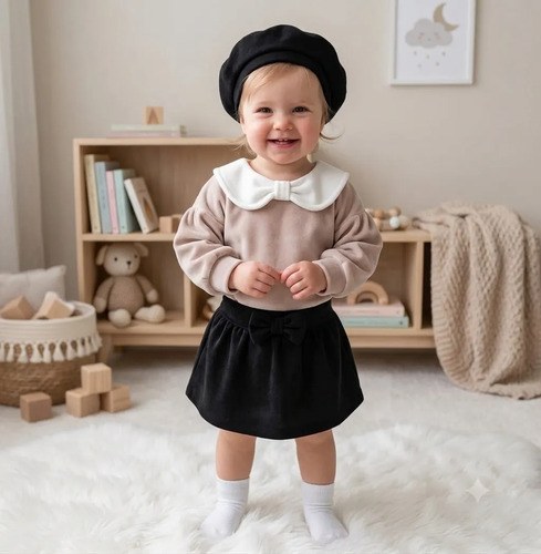 Trío Conjunto Buzo Pollera Y Boina Beba 3 A 24 Meses Camel / Negro 6-9 M