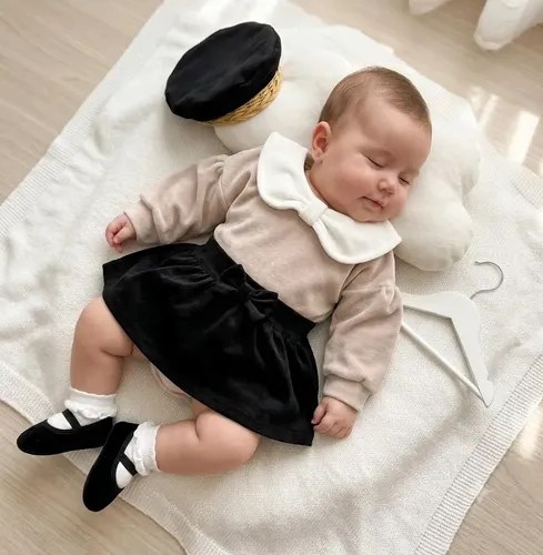 Trío Conjunto Buzo Pollera Y Boina Beba 3 A 24 Meses Camel / Negro 6-9 M - 2