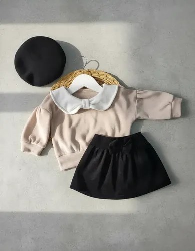 Trío Conjunto Buzo Pollera Y Boina Beba 3 A 24 Meses Camel / Negro 6-9 M - 3