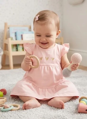 Vestido Algodón Con Volados En Hombros Para Beba Rosa Salmon Liso 3