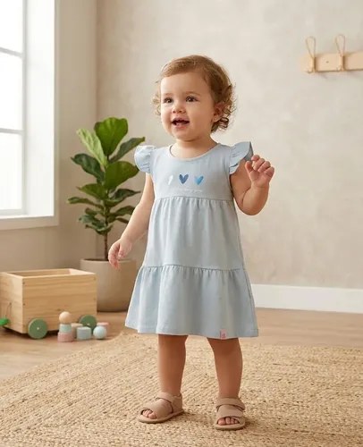 Vestido Algodón Con Volados En Hombros Para Beba Celeste Liso 5