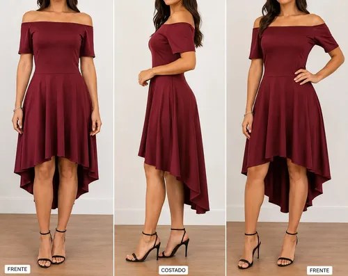 Vestidos Cortos Asimetricos Mujer Fiesta Noche Coctel T.l Bordó Liso 44 - 2