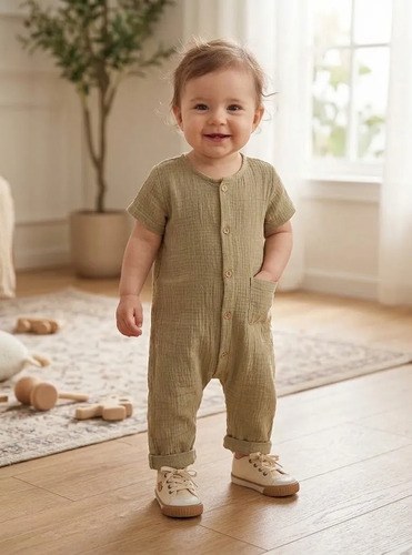 Enterito Cotton Manga Corta Abotonado Gosha Bebé Beige Algodón (cotton) Con Textura Tipo Doble Gasa/