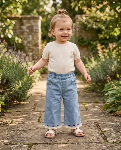 Pantalón Oxford Denim Liviano Bordado Cereza Bebé Niña Celeste Cereza 2