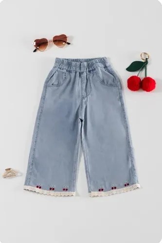 Pantalón Oxford Denim Liviano Bordado Cereza Bebé Niña Celeste Cereza 2 - 3