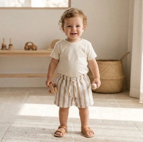 Short Bebé Lino Rayado Verano Beige Rayado 2