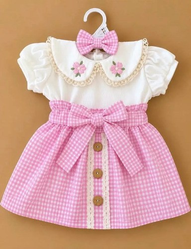 Conjuntos 3 Piezas Body Pollera Y Vincha Cuadrillé De Beba Rosa 9-12 M - 3