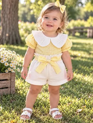 Conjunto Trío Blusa Short Y Vincha Cuadrillé Beba Amarillo 3-6 M