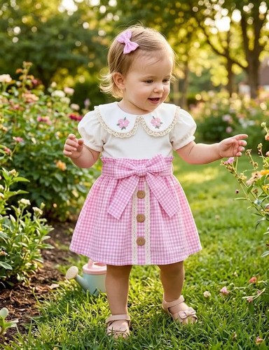 Conjuntos 3 Piezas Body Pollera Y Vincha Cuadrillé De Beba Rosa 3-6 M