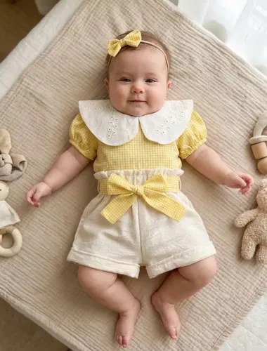 Conjunto Trío Blusa Short Y Vincha Cuadrillé Beba Amarillo 9-12 M - 2