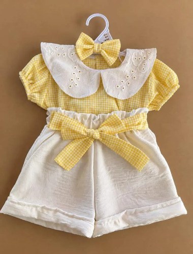 Conjunto Trío Blusa Short Y Vincha Cuadrillé Beba Amarillo 9-12 M - 3