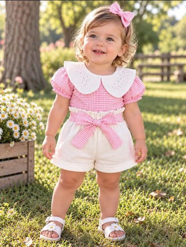 Conjunto Trío Blusa Short Y Vincha Cuadrillé Beba Rosa 6-9 M