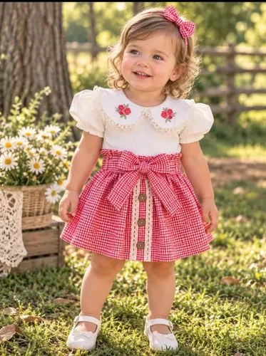 Conjuntos 3 Piezas Body Pollera Y Vincha Cuadrillé De Beba Rojo 6-9 M