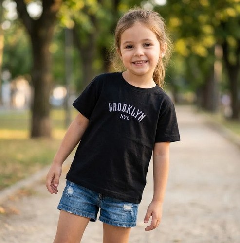 Remeras Básicas Algodón Top Bordado Niña Negro Broo Unico Liso
