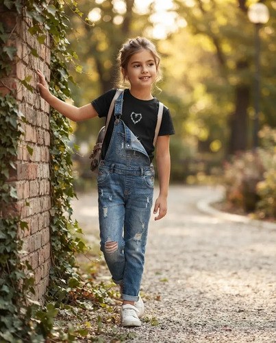 Remeras Básicas Algodón Top Bordado Niña Negro Corazones Unico Liso