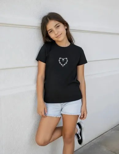 Remeras Básicas Algodón Top Bordado Niña Negro Corazones Unico Liso - 2