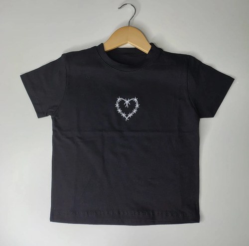 Remeras Básicas Algodón Top Bordado Niña Negro Corazones Unico Liso - 3