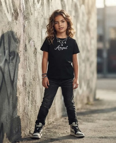 Remeras Básicas Algodón Top Bordado Niña Negro Angel Unico Liso