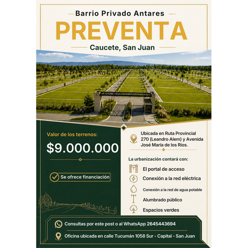Preventa - Lote en Barrio privado - Caucete, San Juan