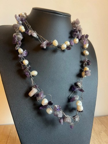 Collar Largo Artesanal De Piedras Amatista Y Perlas 110 Cm Violeta