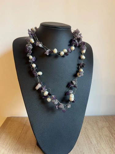Collar Largo Artesanal De Piedras Amatista Y Perlas 110 Cm Violeta - 2