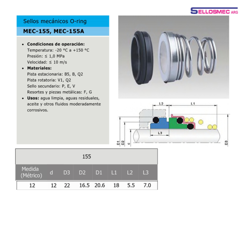 Sello Mecánico Tipo 155 RC SSV P/eje de 12mm - Resorte Cónico - 7
