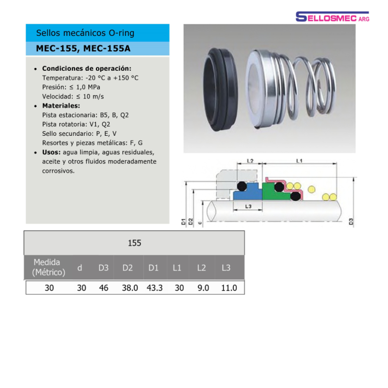 Sello Mecánico Tipo 155 RC SSV P/eje de 30mm - Resorte Cónico - 7/14