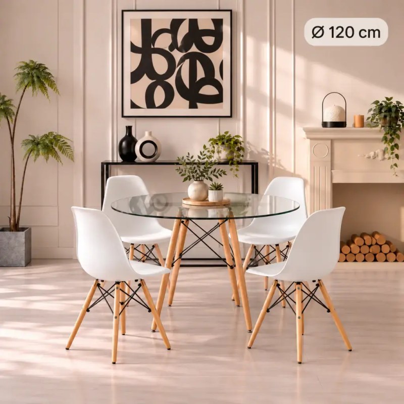 Combo Mesa Y 4 Sillas Eames Redonda 120cm Premium Blanco