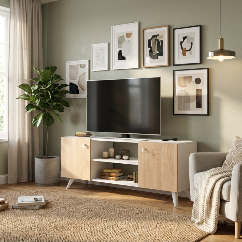 Rack De Tv 140 cm Escandinavo Blanco Roble Kendal - 2
