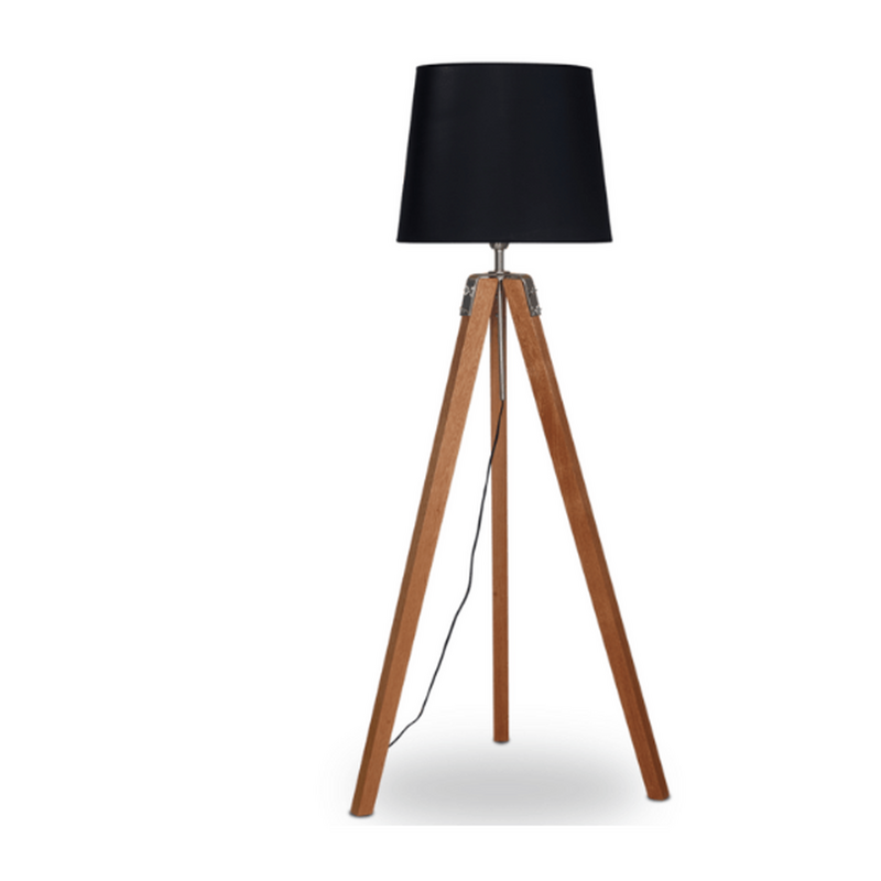 Lámpara de pie trípode 1 luz madera roble mate Con Pantalla Negra