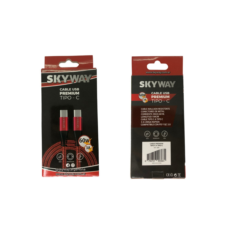 Cable Tipo C - Tipo C | 3 Amper Mallado + Fichas Metalicas | Datos - Carga Rápida | SKYWAY - 2