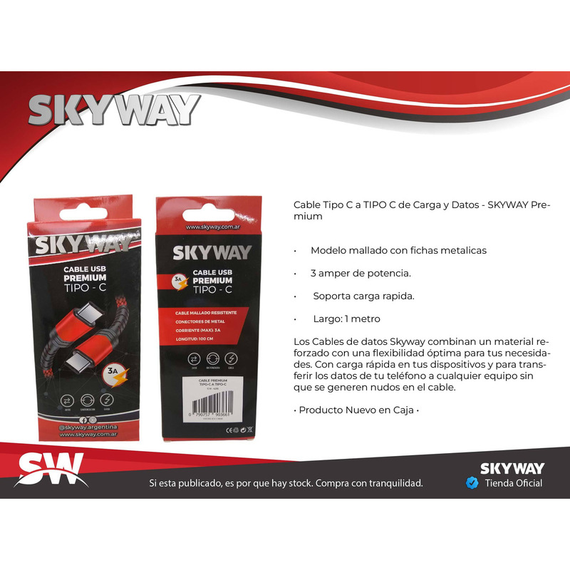 Cable Tipo C - Tipo C | 3 Amper Mallado + Fichas Metalicas | Datos - Carga Rápida | SKYWAY - 4