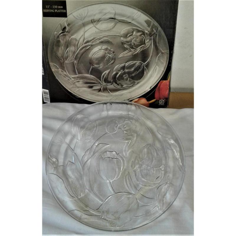 Plato De Vidrio Extra Grande, Para Servir, Labrado Con Dibujos De Tulipanes