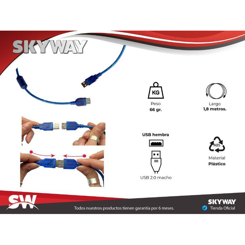 Cable de Extensión USB 2.0 Activo 1,8 Metros - SKYWAY GM 3396 - 2/4