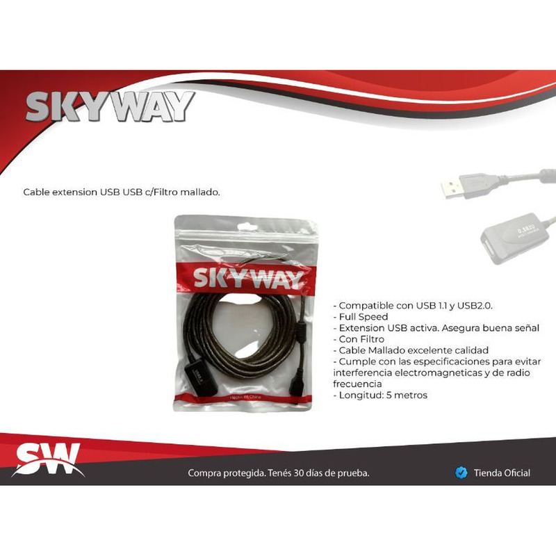 Cable de Extensión USB 2.0 Activo 10 Metros - SKYWAY GM 3399 - 4