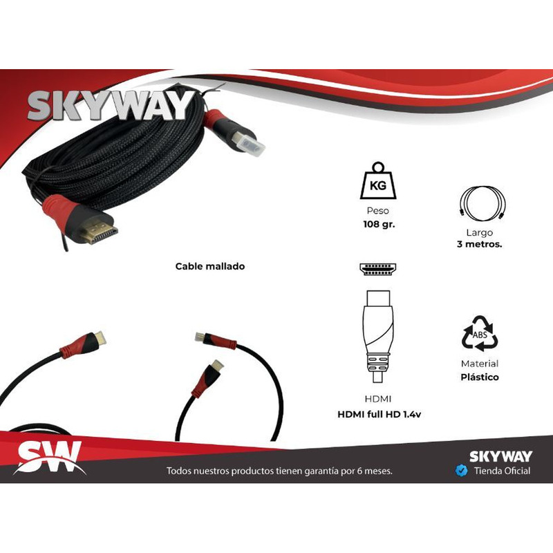 Cable Hdmi A Hdmi Mallado Full Hd V1.4 - 1.50 Metros - SKYWAY - 2