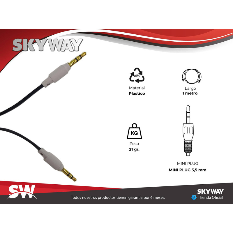 Cable Mini Plug a Mini Plug 3,5mm Auxiliar Plano (1 metro) - AUX3 - SKYWAY - 2