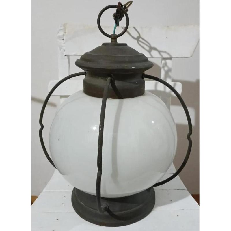 Lámpara Colgante Antigua De Hierro Forjado En Vidrio Opalino Blanco - 1/6