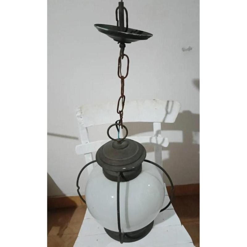 Lámpara Colgante Antigua De Hierro Forjado En Vidrio Opalino Blanco - 2/6