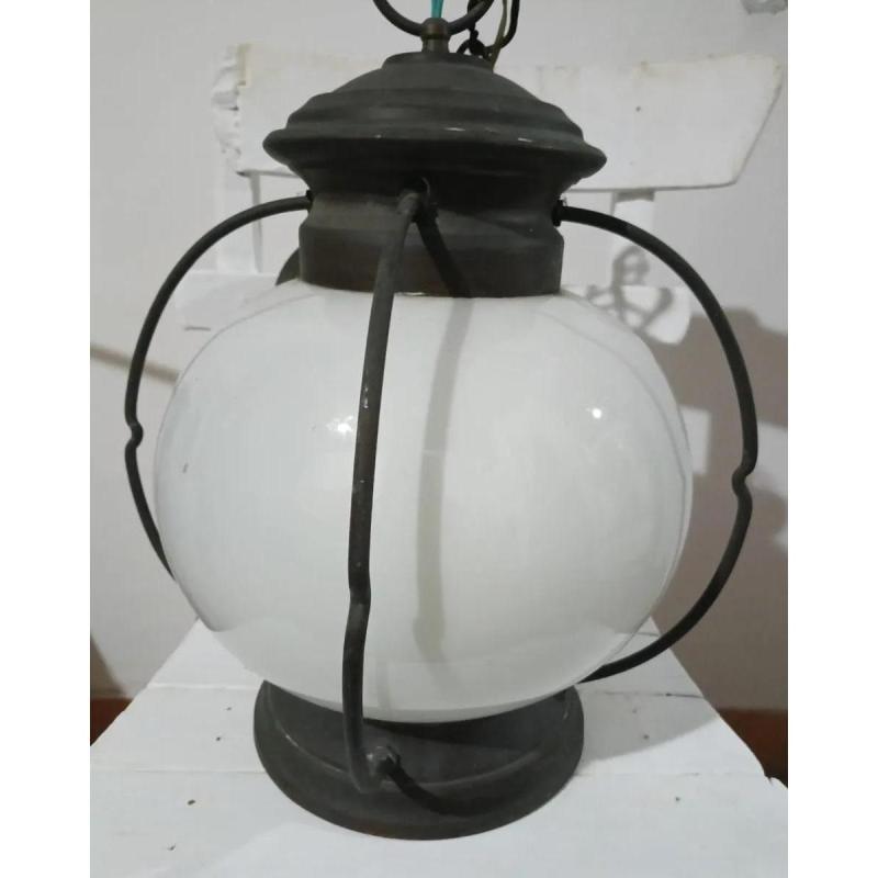 Lámpara Colgante Antigua De Hierro Forjado En Vidrio Opalino Blanco - 4/6