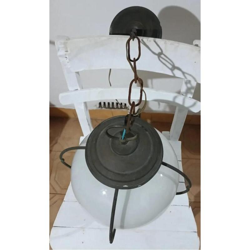 Lámpara Colgante Antigua De Hierro Forjado En Vidrio Opalino Blanco - 5/6
