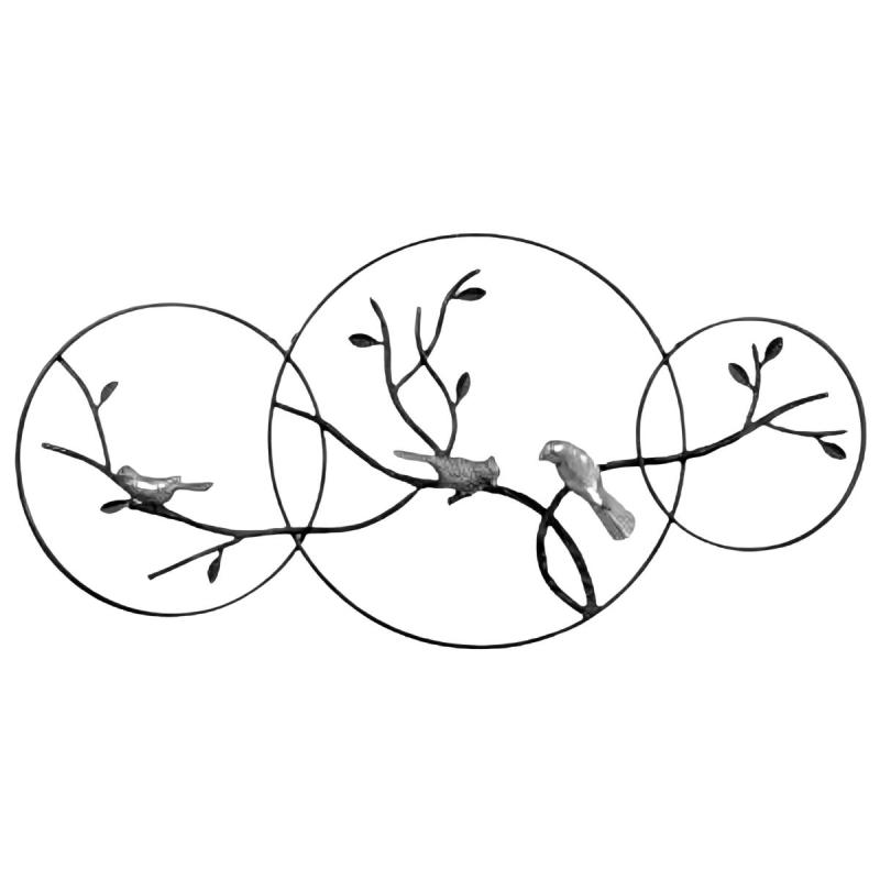 Cuadro Apliqué Decoración Pared Metálico Circulo Ramas Hojas Pajaros - 3