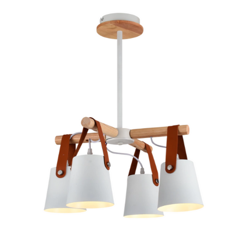 Araña Lámpara colgante de techo de 4 luces en madera y metal blanco